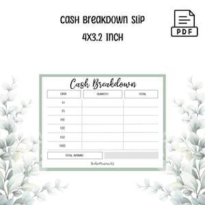 Cash Breakdown slips | teller slips | pdf digital file printable | minimalist