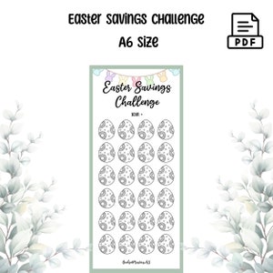 May include: Printable Easter savings challenge in A6 size. The printable features 36 eggs with a floral design. The text "Easter Savings Challenge" is at the top of the printable. The text "Icon" is at the bottom of the printable.