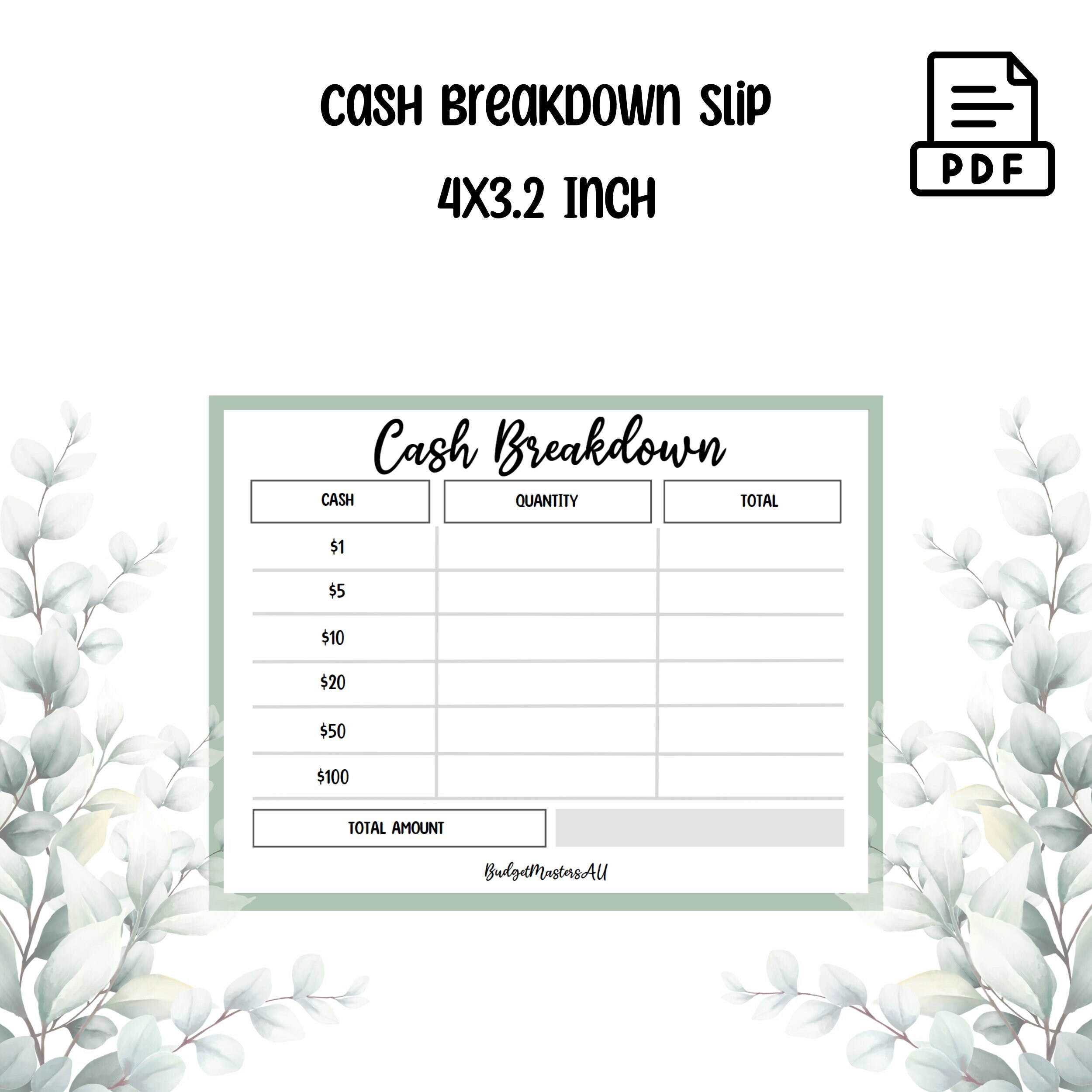 Cash Breakdown Slips | Teller Slips | Pdf Digital File Printable ...