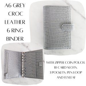 Carpeta premium A6 de piel de cocodrilo gris con 6 anillas, guarda, ranuras para tarjetas y cremallera para monedas, lujo
