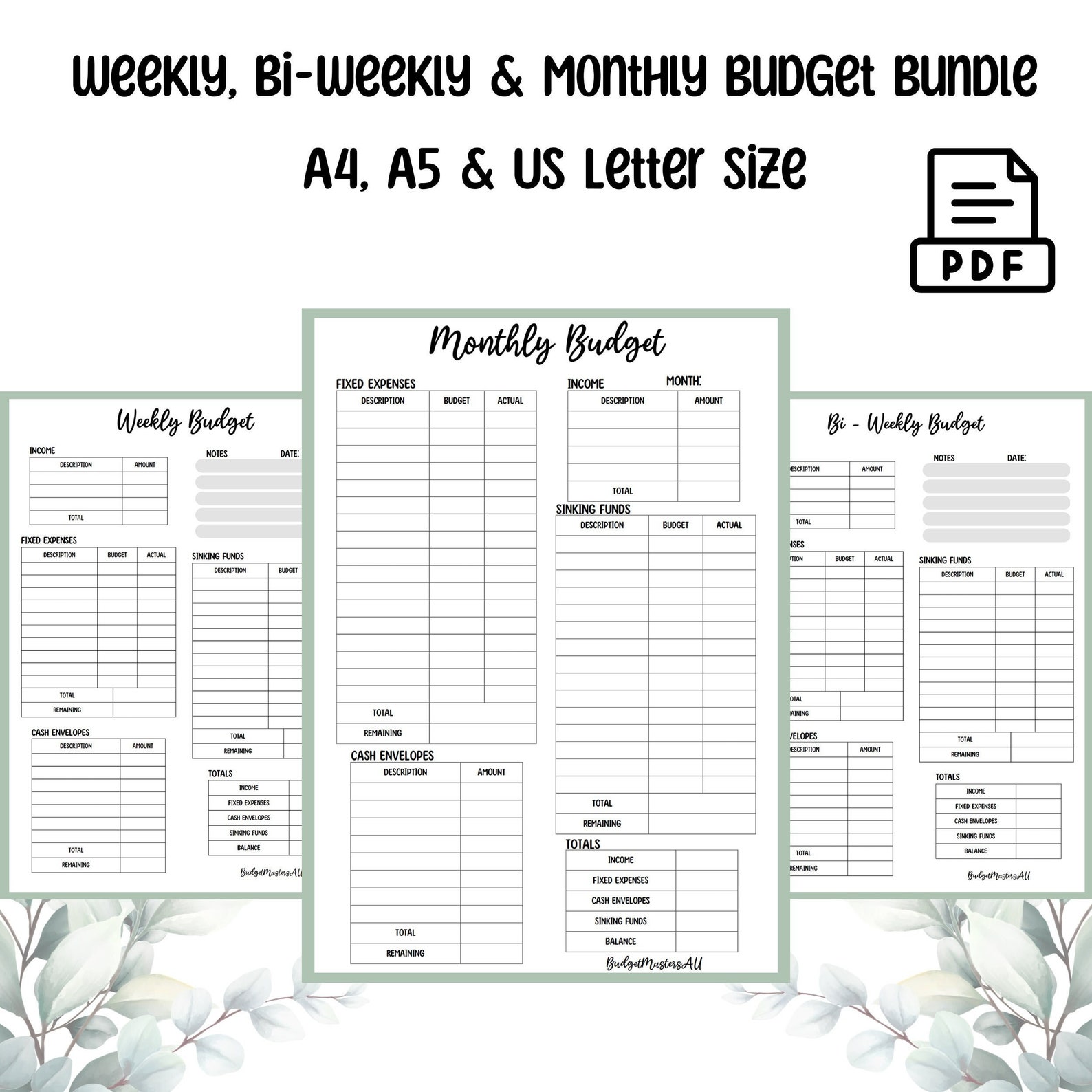 Monthly Weekly & Biweekly Budget Planner Bundle Pdf Etsy