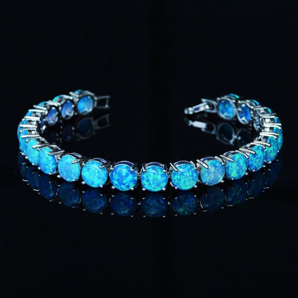 Natural BLUE Opal Tennis Bracelet | Round Opal Bracelet | Opal Jewelry | Opal Bracelet | Silver October Birthstone | GoldenFantasyJeweler