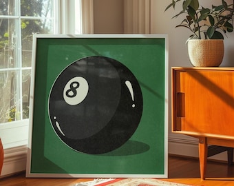 Vintage Black Pool Ball Print, Retro Lucky 8 Ball Poster, Game Room Art, Eight Ball Illustration, Mid Century Modern Print, Square Wall Art