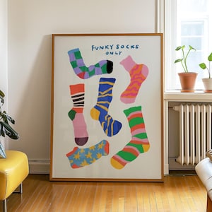 Maximalist illustration featuring a collection of vibrant patterned socks arranged in a playful composition. Perfect for maximalist decor enthusiasts, sock collectors, fashion lovers looking for unique wall art. Ideal decoration for laundry rooms, mudrooms, walk in closets, teen bedrooms, dorm rooms, or any space needing a pop of personality. Hand drawn illustration with dopamine color palette and retro inspired patterns brings quirky character to contemporary interiors.