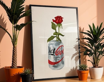 Red Rose Diet Cola Art Print, Vintage Soda Can Wall Decor, Modern Kitchen Poster, Romantic Pop Art, Dining Room Wall Art, Tin Art Poster