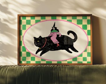 Witch Wall Art, Medieval Black Cat Print, Gothic Home Decor, Halloween Art Print, Witchy Room Decor, Dark Academia Poster, Mystical Art