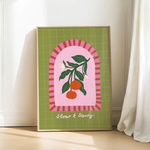 Arte mural botánico moderno, decoración de naranja, ilustración abstracta de mandarina, impresión maximalista, póster verde y rosa, arte floral colorido.