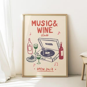 Retro muziek wijnclub poster, etentje print, platenspeler muurkunst, bar kar decor, vinyl muziek poster, vintage keuken print