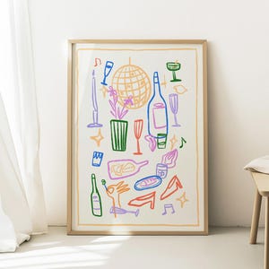 Print wijn en muziek, kunst aan de muur etentje, keukenposter, eetkamerkunst, print discodans, kleurrijke handgetekende poster, poster happy hour, poster diner, keukenposter, eetkamerkunst, poster