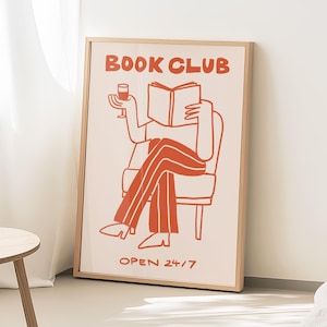 Book Club Wall Art, Reading Nook Decor, Bookish Gift, Wine Lover Print, Cozy Home Decor, Library Art, Bookshelf decor, Framed Book Art