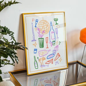 Stampa di vino e musica, decorazione murale per cene, poster da cucina, arte per sala da pranzo, stampa di danza disco, poster colorato disegnato a mano, poster per happy hour