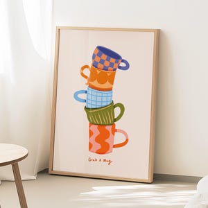 Kaffeetasse Wand Kunst, niedliche Kaffee Bar Zeichen, Schnapp dir eine Tasse Druck, buntes Kaffee Poster, Kaffeetassen Illustration, Café Wandkunst