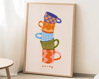 Coffee Mug Wall Art, Kitchen Print, Cute Coffee Bar Sign, Grab A Mug Print, Colorful Coffee Poster, Coffee Cups Illustration, Cafe Wall Art
