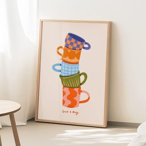 Bunter Kaffeetassenstapel Druck, Küche Cafe Wandkunst (Digitaler Download)
