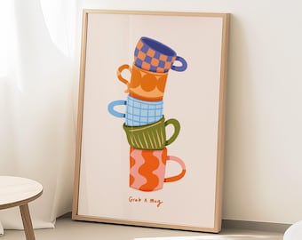 Colorful Coffee Mug Stack Print, Kitchen Cafe Wall Art (Digital Download)