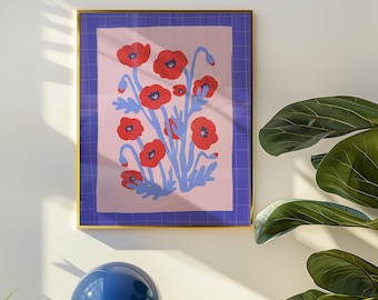 Poppy Wall Art, Matisse Style Modern Botanical Print, August Birth Flower Poster