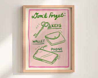 Don't Forget Keys Wallet Phone Print, Daily Reminder Art, Entryway Wall Decor, Door Sign, ADHD Gift, Checklist Sign, Quirky Home Decor