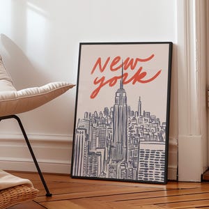 Classic hand drawn illustration of iconic Manhattan skyline featuring Empire State Building and city silhouettes, vintage inspired urban line art capturing New York City's architectural beauty, retro travel poster style with timeless black and white design, minimalist NYC cityscape perfect for modern home office gallery wall, artistic interpretation of Big Apple's famous buildings and landmarks