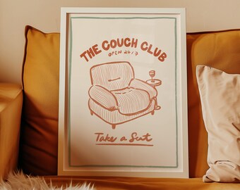 Couch Club Poster, Retro Couch Art Print, Mid Century Modern Wall Decor, Living Room Wall Art, Lounge Decor, Homebody Club, Vintage Art