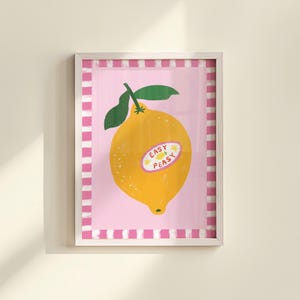 Cheerful hand drawn lemon illustration with playful easy peasy typography, bright yellow citrus fruit wall art in dopamine art style, modern kitchen print with quirky lettering and fun fruit doodles, maximalist summer decor featuring bold colors and happy vibes, trendy food art perfect for kitchen gallery wall, retro inspired fruit illustration with positive message, funky home decor with fresh citrus theme