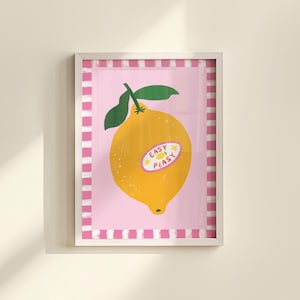 Cheerful hand drawn lemon illustration with playful easy peasy typography, bright yellow citrus fruit wall art in dopamine art style, modern kitchen print with quirky lettering and fun fruit doodles, maximalist summer decor featuring bold colors and happy vibes, trendy food art perfect for kitchen gallery wall, retro inspired fruit illustration with positive message, funky home decor with fresh citrus theme