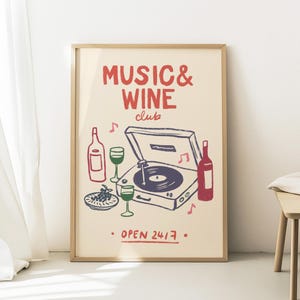 Plakat Retro Music Wine Club, wydruk na przyjęcie obiadowe, sztuka ścienna z gramofonu, dekoracja wózka barowego, plakat z muzyką winylową, wydruk w stylu vintage do kuchni