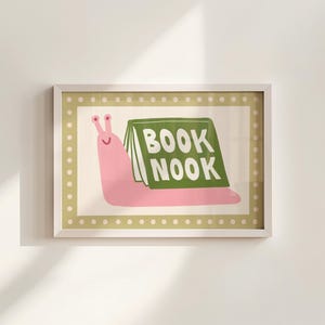 Playful pink book snail illustration with Book Nook text. Contemporary maximalist art print featuring retro-inspired design. Funky bookish wall decor, groovy library art, bibliophile gift print