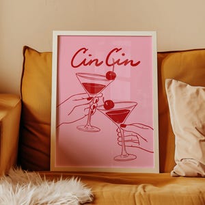 Pink Cocktail Wall Art, Trendy Cin Cin Poster, Cherry Martini Illustration, Coquette Kitchen Decor, Wine Wall Art, Cheers Print