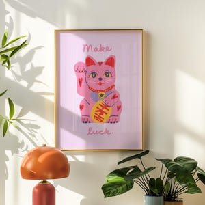 Lucky Cat Print, Pink Maneki Neko Wall Art, Kawaii Room Decor, Asian Good Luck Gift, Cute Japanese Decor, Lucky Charm Art, Desk Decor
