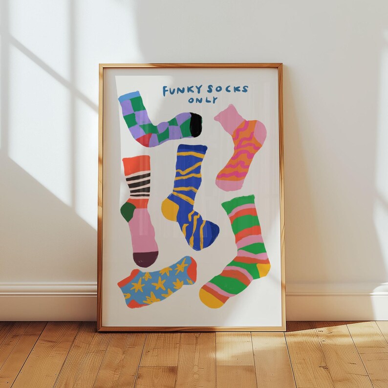 Maximalist illustration featuring a collection of vibrant patterned socks arranged in a playful composition. Perfect for maximalist decor enthusiasts, sock collectors, fashion lovers looking for unique wall art. Ideal decoration for laundry rooms, mudrooms, walk in closets, teen bedrooms, dorm rooms, or any space needing a pop of personality. Hand drawn illustration with dopamine color palette and retro inspired patterns brings quirky character to contemporary interiors.