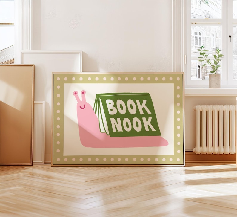 Playful pink book snail illustration with Book Nook text. Contemporary maximalist art print featuring retro-inspired design. Funky bookish wall decor, groovy library art, bibliophile gift print