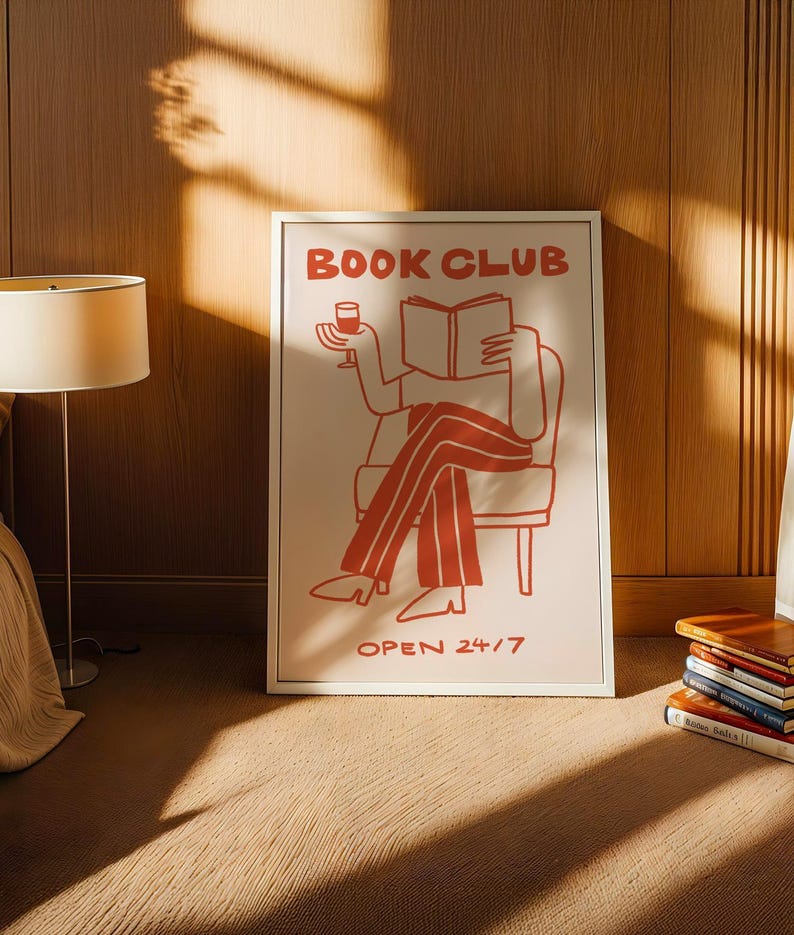 Book Club Wall Art, Reading Nook Decor, Bookish Gift, Wine Lover Print, Cozy Home Decor, Library Art, Bookshelf decor, Framed Book Art