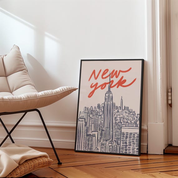 New York City Wall Art, NYC Skyline Print, Retro Travel Poster, Hand Drawn Manhattan Art, City Line Art, Urban Home Decor, City Line Drawing