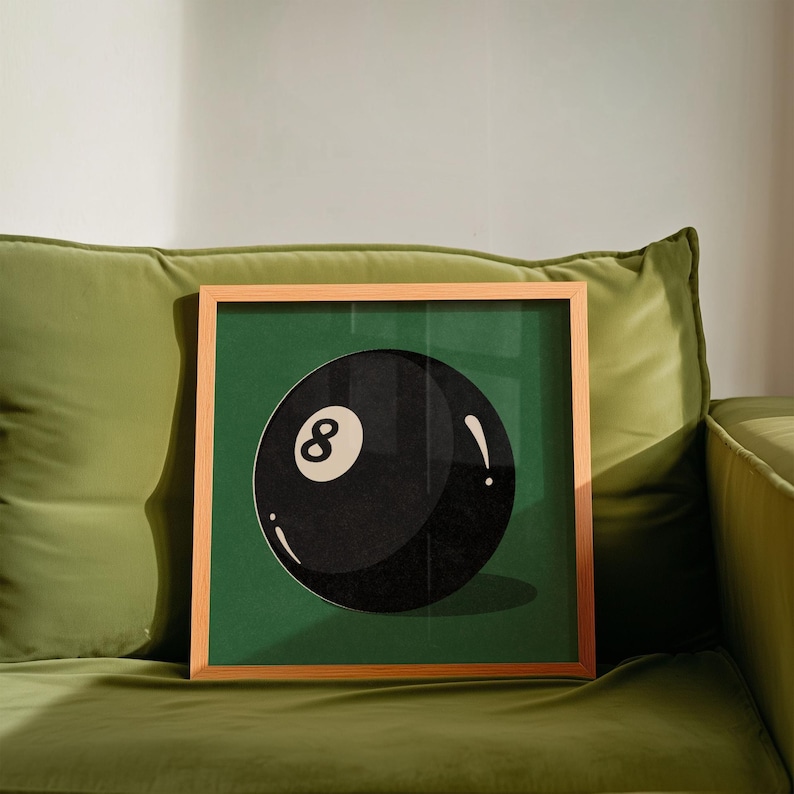 Retro-styled illustration featuring the iconic eight ball from billiards, designed with vintage appeal and classic gaming nostalgia. Art print perfectly suited for pool rooms, man caves, game rooms, sports bars, or den areas. Traditional billiards memorabilia inspired artwork with timeless appeal for vintage sports decor enthusiasts.