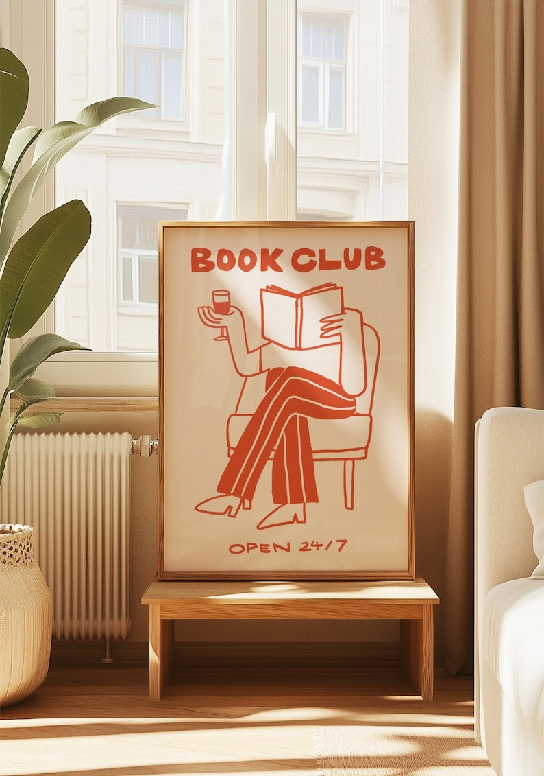 Book Club Wall Art, Reading Nook Decor, Bookish Gift, Wine Lover Print, Cozy Home Decor, Library Art, Bookshelf decor, Framed Book Art