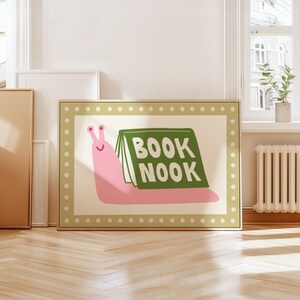 Playful pink book snail illustration with Book Nook text. Contemporary maximalist art print featuring retro-inspired design. Funky bookish wall decor, groovy library art, bibliophile gift print