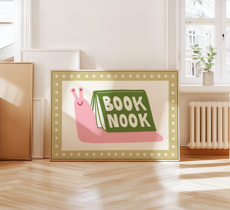 Playful pink book snail illustration with Book Nook text. Contemporary maximalist art print featuring retro-inspired design. Funky bookish wall decor, groovy library art, bibliophile gift print
