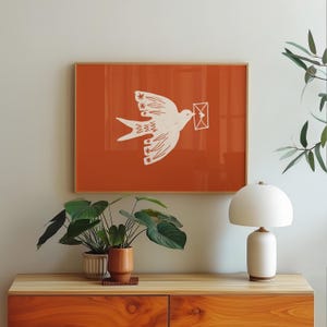 Impresión de carta de amor de pájaro rojo, arte de pared estilo Matisse, ilustración abstracta de paloma, decoración minimalista moderna de terracota, decoración romántica del hogar