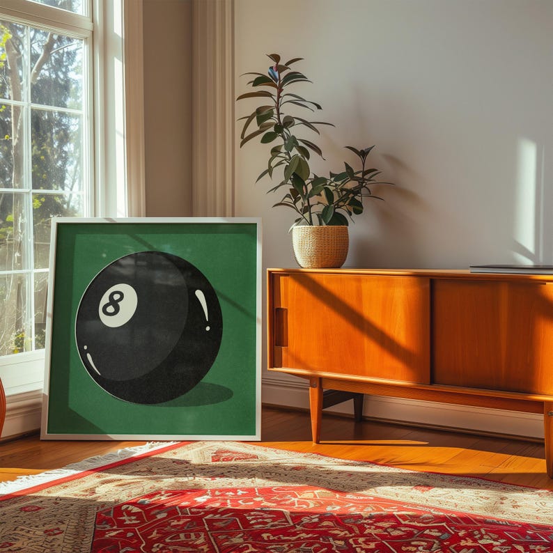 Retro-styled illustration featuring the iconic eight ball from billiards, designed with vintage appeal and classic gaming nostalgia. Art print perfectly suited for pool rooms, man caves, game rooms, sports bars, or den areas. Traditional billiards memorabilia inspired artwork with timeless appeal for vintage sports decor enthusiasts.