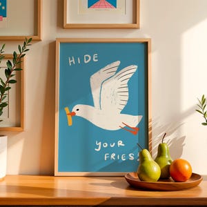 Funny Beach Wall Art, Hide Your Fries Print, Seagull Coastal Kitchen Poster, Beach House Wall Art