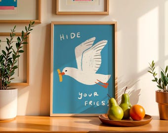 Impressão divertida de gaivota frita, arte para cozinha costeira
