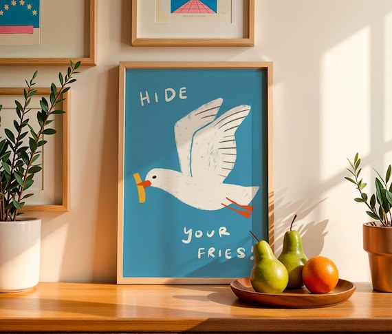Funny Seagull Fries Print, Coastal Kitchen Art