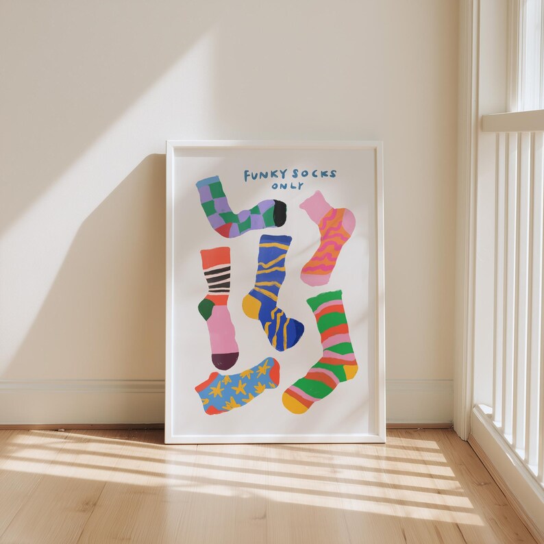Maximalist illustration featuring a collection of vibrant patterned socks arranged in a playful composition. Perfect for maximalist decor enthusiasts, sock collectors, fashion lovers looking for unique wall art. Ideal decoration for laundry rooms, mudrooms, walk in closets, teen bedrooms, dorm rooms, or any space needing a pop of personality. Hand drawn illustration with dopamine color palette and retro inspired patterns brings quirky character to contemporary interiors.
