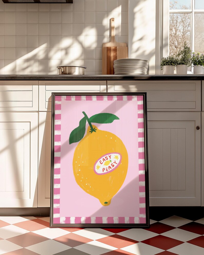 Cheerful hand drawn lemon illustration with playful easy peasy typography, bright yellow citrus fruit wall art in dopamine art style, modern kitchen print with quirky lettering and fun fruit doodles, maximalist summer decor featuring bold colors and happy vibes, trendy food art perfect for kitchen gallery wall, retro inspired fruit illustration with positive message, funky home decor with fresh citrus theme