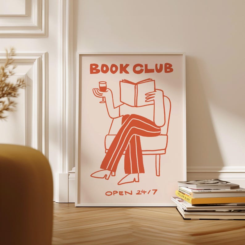 Book Club Wall Art, Reading Nook Decor, Bookish Gift, Wine Lover Print, Cozy Home Decor, Library Art, Bookshelf decor, Framed Book Art