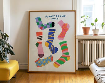 Funky Socks Print, Colorful Home Decor, Sock Lover Gift, Cozy Living Room Poster, Quirky Modern Wall Art, Shoes Off Sign, Fashion Wall Art
