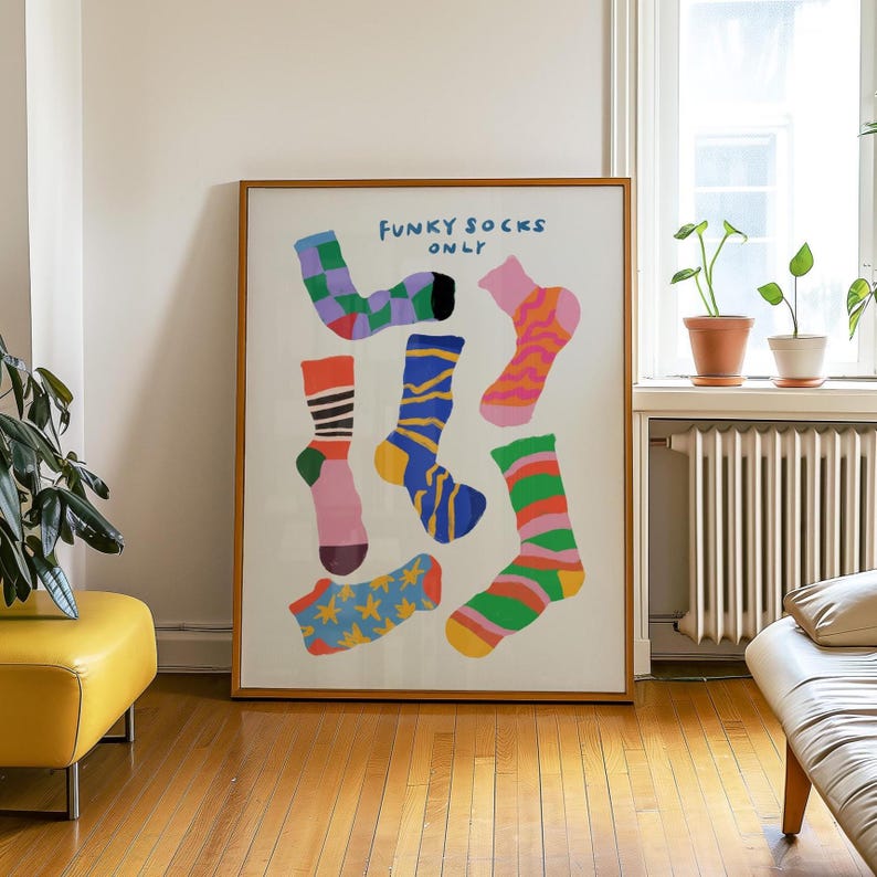 Maximalist illustration featuring a collection of vibrant patterned socks arranged in a playful composition. Perfect for maximalist decor enthusiasts, sock collectors, fashion lovers looking for unique wall art. Ideal decoration for laundry rooms, mudrooms, walk in closets, teen bedrooms, dorm rooms, or any space needing a pop of personality. Hand drawn illustration with dopamine color palette and retro inspired patterns brings quirky character to contemporary interiors.