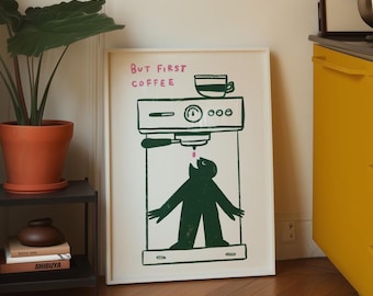 But First Coffee Print, Coffee Club Wall Art, Kitchen Bar Decor,  Espresso Machine Poster