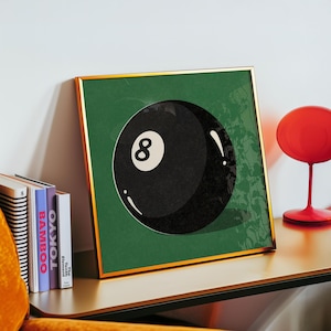 Retro-styled illustration featuring the iconic eight ball from billiards, designed with vintage appeal and classic gaming nostalgia. Art print perfectly suited for pool rooms, man caves, game rooms, sports bars, or den areas. Traditional billiards memorabilia inspired artwork with timeless appeal for vintage sports decor enthusiasts.