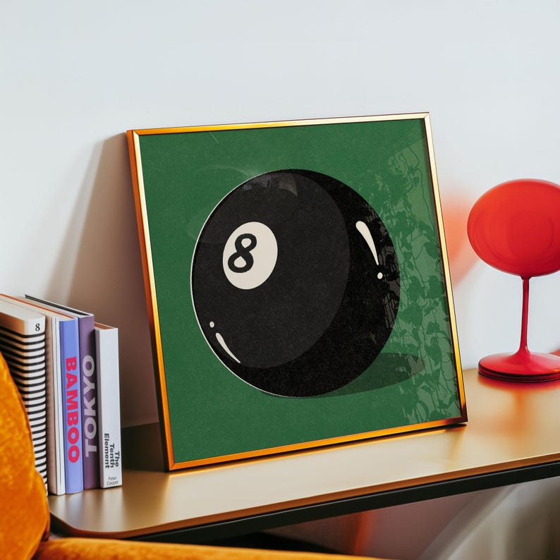 Retro-styled illustration featuring the iconic eight ball from billiards, designed with vintage appeal and classic gaming nostalgia. Art print perfectly suited for pool rooms, man caves, game rooms, sports bars, or den areas. Traditional billiards memorabilia inspired artwork with timeless appeal for vintage sports decor enthusiasts.